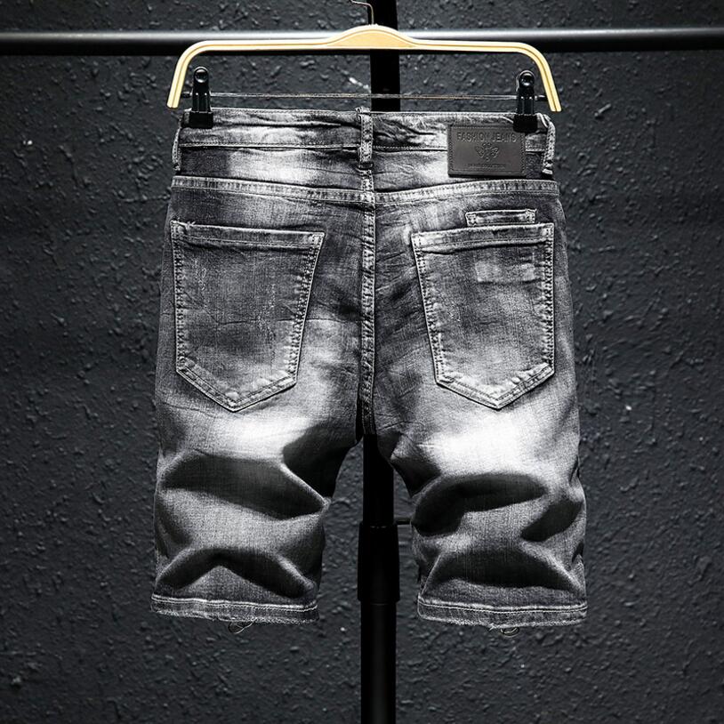 Mænd grå denimshorts sommerhuller sorte korte jeans mænd bomuldsstretch jeansshorts knælange jeans str. 36