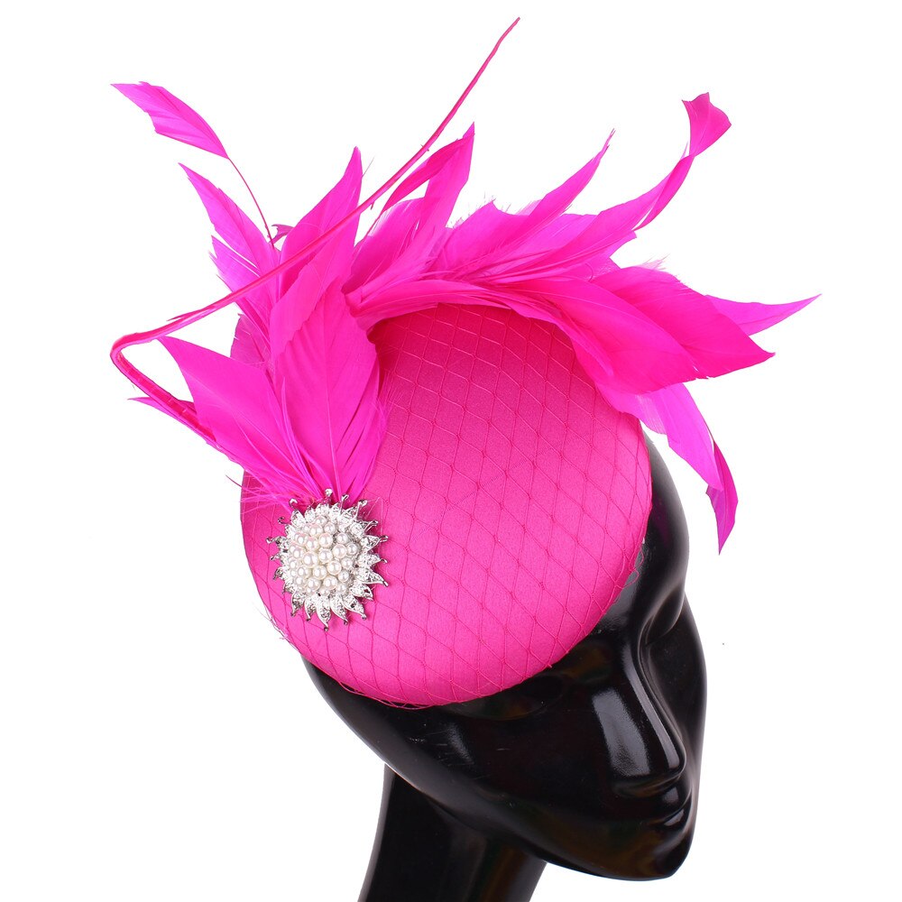 Satin Green Wedding Fascinator Hat Bridal Headpiece With Fancy Feather Hair Accessories Formal Chuch Occasion: hot pink