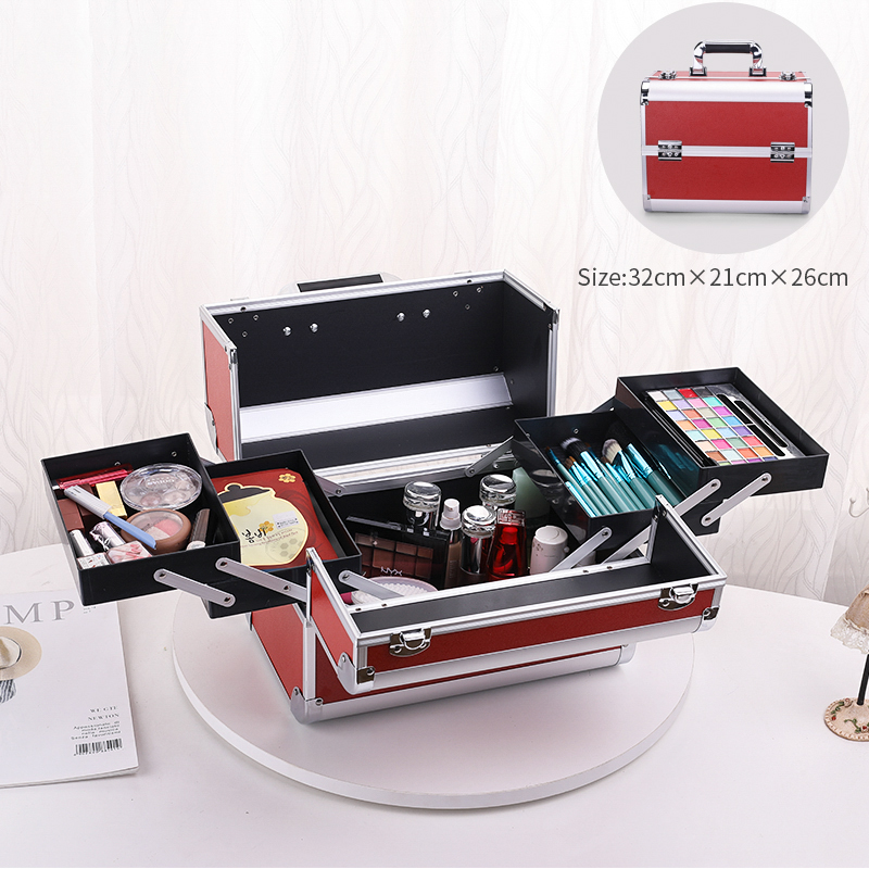 Makeup Case Cosmetic Organizer Case Extra Large 12 Inch 6 Trays Portable Makeup Organizer Case Make Up Carrying Box: Red
