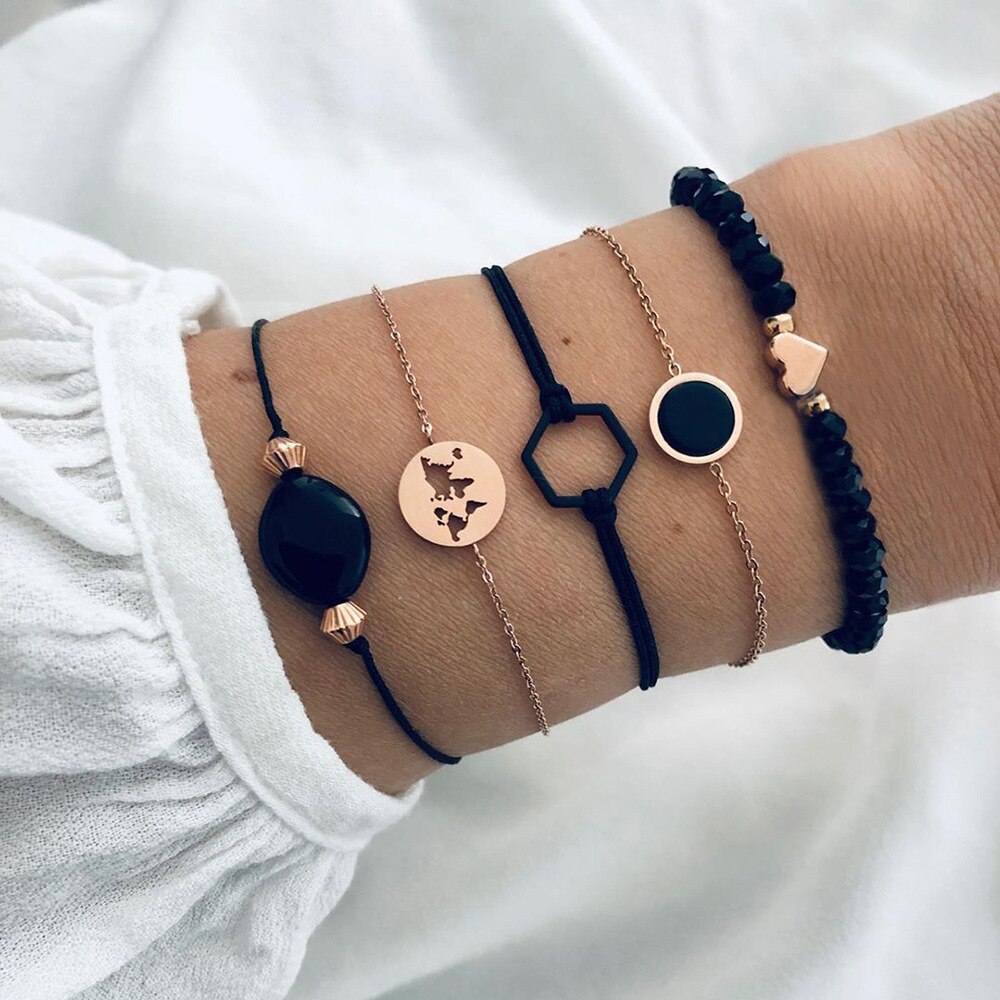 5 teile/satz Böhmen Hülse Mond Charme Armbinde einstellen Für Frauen Herz Geometrische Schwarz Perlen Kette Armreif Mädchen Schmuck