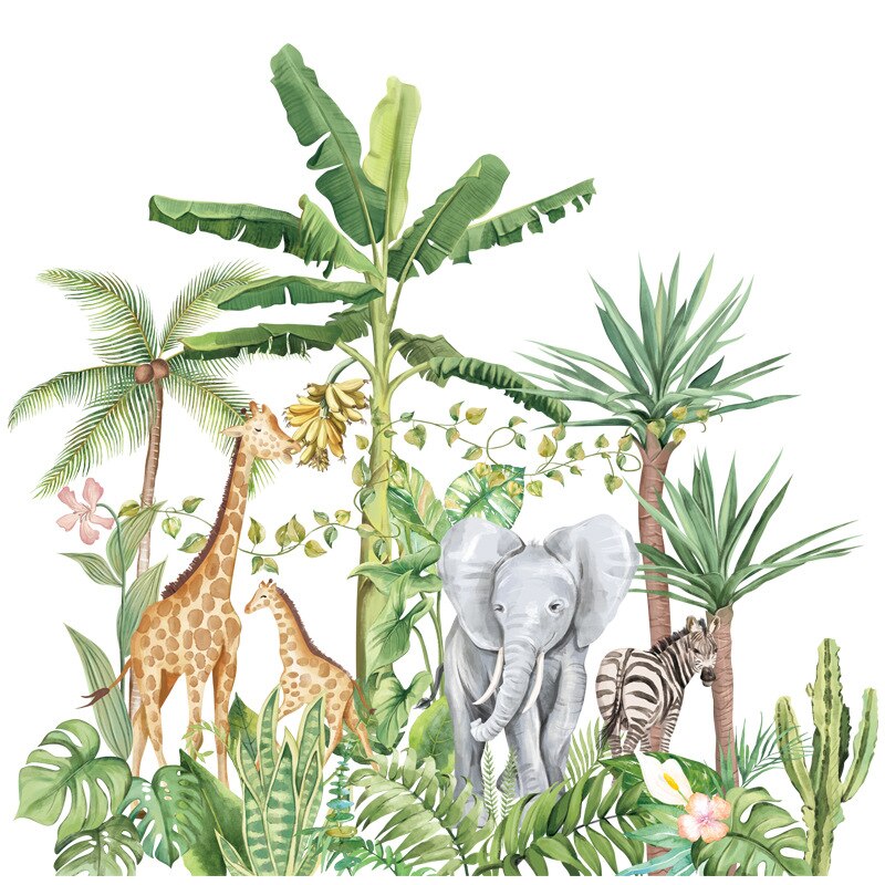 Green Rainforest Wall Stickers for Living room Bedroom Elephant Giraffe Animals Wall Decals for Kids rooms Home Decoration Mural