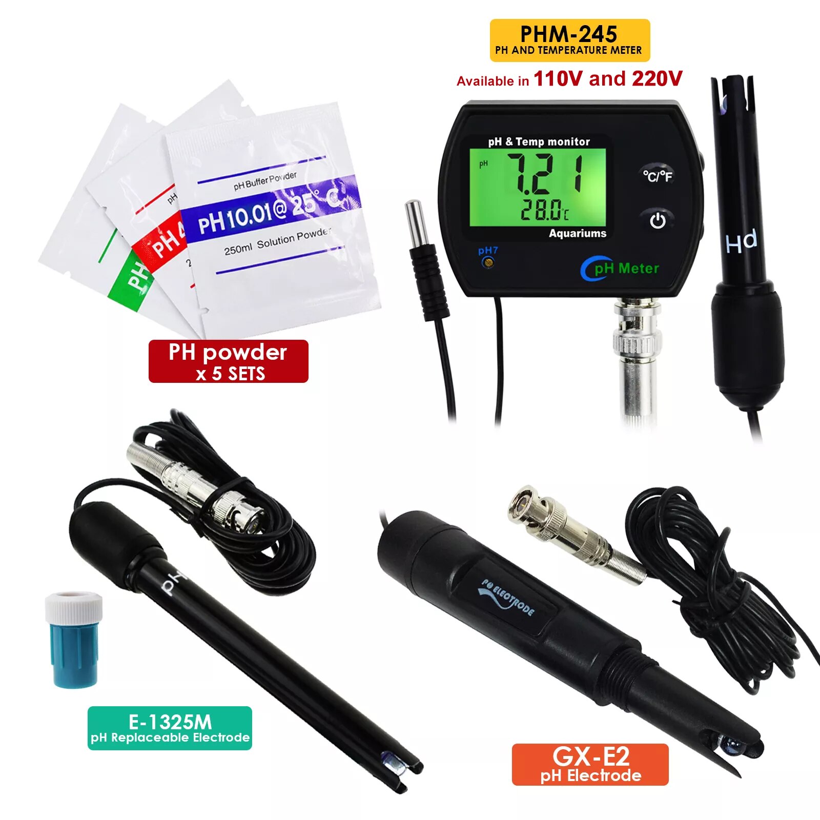 2-in-1 PH &amp; Temperature Meter Dual Display Water Monitoring Kit Replaceable Electrode Aquariums Hydroponics Pools Tank