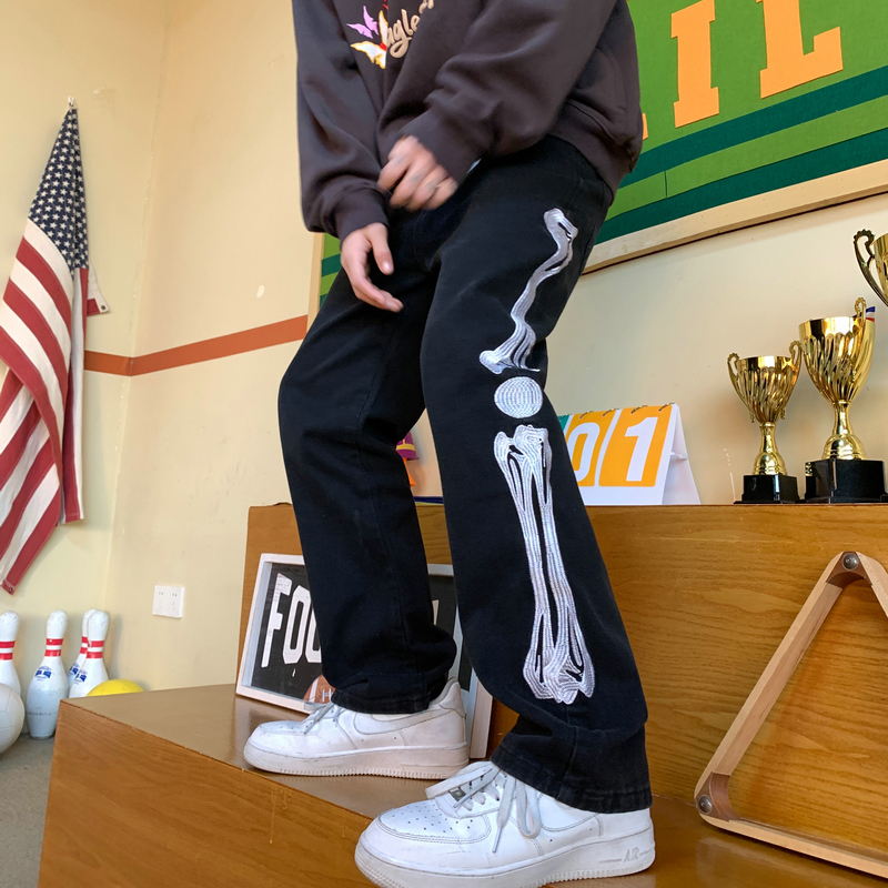 Mænd skelet baggy kausal jeans bukser 2022 japansk streetwear brede ben s mandlige blå vintage denim bukser