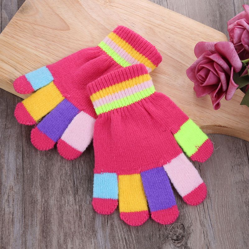 Gants à rayures colorées pour enfants, 1 paire, doigt complet, chauds, d&#39;hiver, tricotés, solides, élastiques multicolores 19QF, pour garçons et filles