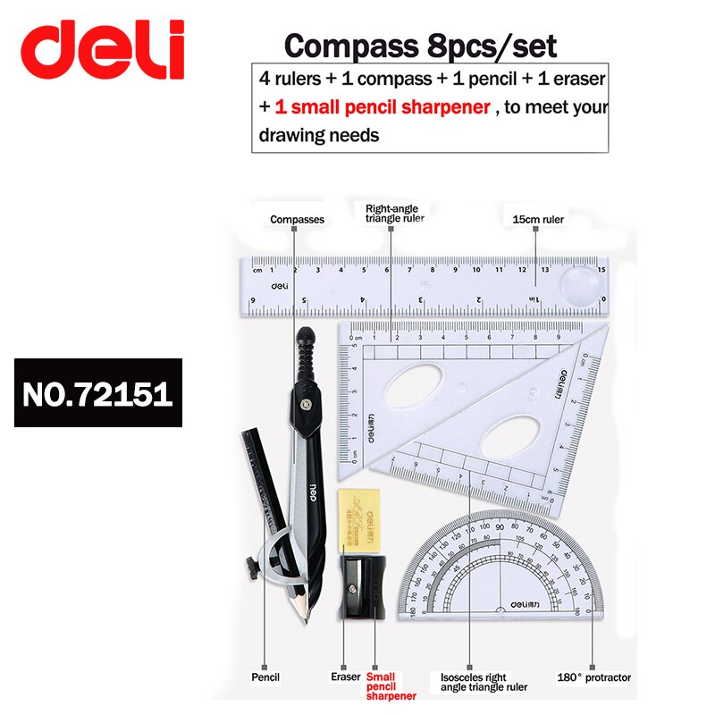 DELI – ensemble de géométrie boussole, 7/8 pièces, modèle de dessin de cercle, rapporteur de carrés en métal et plastique, règle de géométrie mathématique: NO.72151-8pcs-set