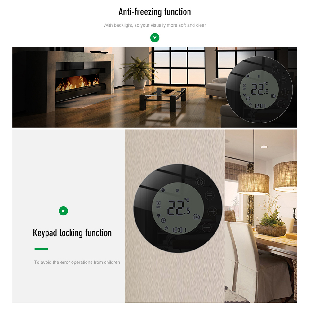 Beok – Thermostat WIFI pour maison intelligente, rond Tuya, pour chauffage au sol, régulateur de température, 220V, noir, Alexa Google Home