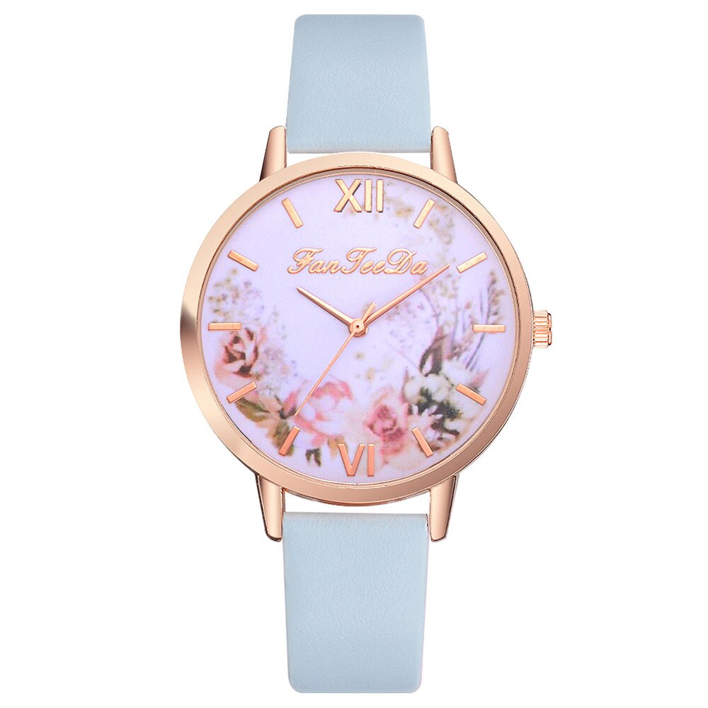 Simple femmes fleur montres Femme dames décontracté en cuir Montre à Quartz Femme horloge Relogio Feminino Montre Femme: Bleu ciel
