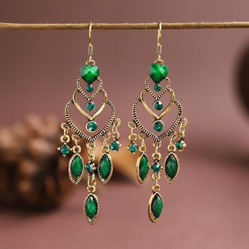 Vintage Women's Green Crystal Beads Tassel Earrings Bollywood Bohemia Geometry Gold Alloy Wedding Earrings Hangers