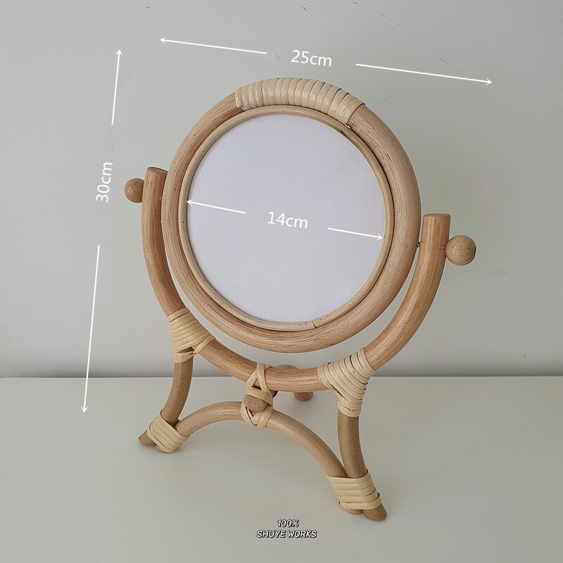 Hand-woven mirror natural rattan dressing table makeup mirror retro desktop vertical flip mirror home decoration: Default Title