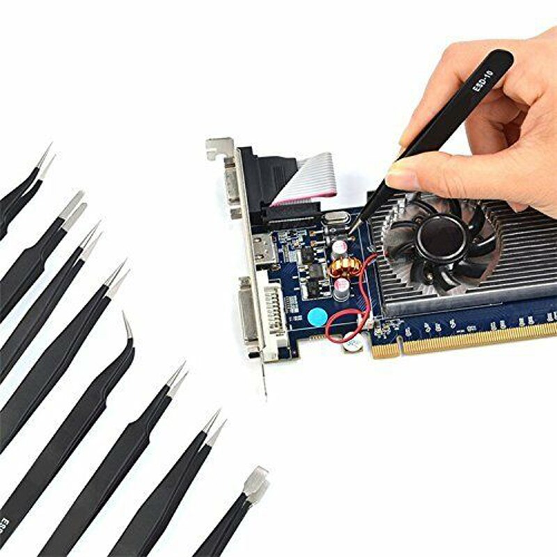 conjunto de pinzas antiestáticas ESD de acero inoxidable, Kit de herramientas de reparación de mantenimiento, herramienta de fabricación de pinzas de punta, 9 unidades