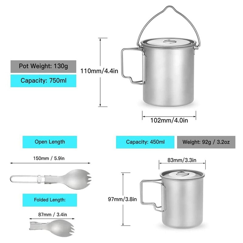 na wolnym powietrzu kemping tytanowy kubek 750Ml garnek + 450Ml kubek + lekka łyżka, tytanowy kubek składany uchwyt z pokrywkami