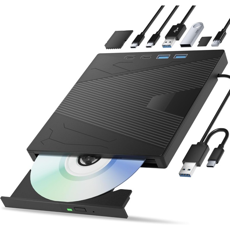 Unidade externa de cd dvd usb3.0 e tipo-c com 4 portas usb e slot para cartão tf/sd cd/dvd gravador leitor para laptop macbook