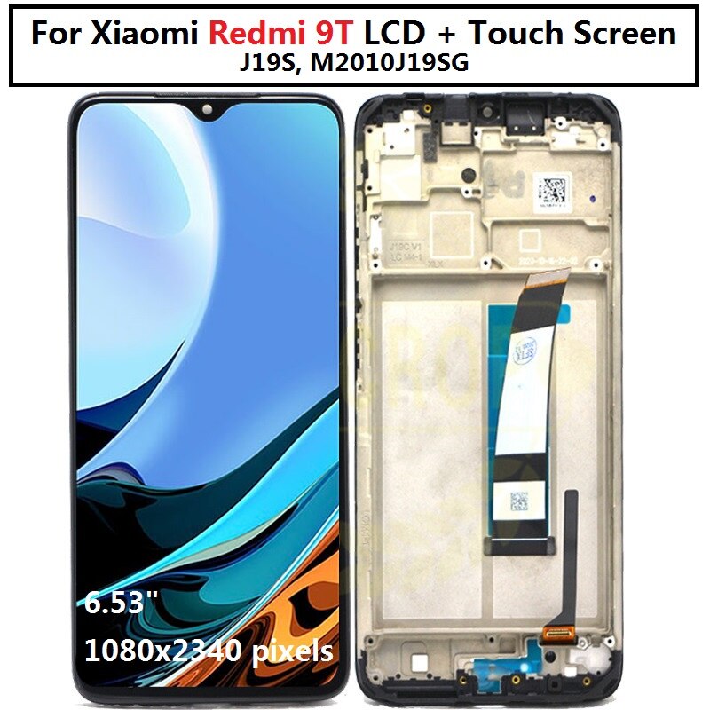 Original för redmi 9t lcd-display + pekskärmspanel digitaliserare montering med ram för redmi 9t j19s m2010 j 19sg lcd
