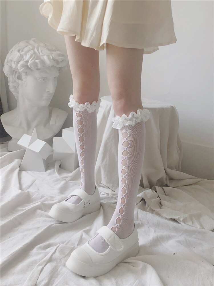 Kant Houten Oor Kalf Sokken Vrouwen Japanse Jk Zachte Zus Leuke Buis Witte Kousen Ins Mode Zomer Dunne Slang: White