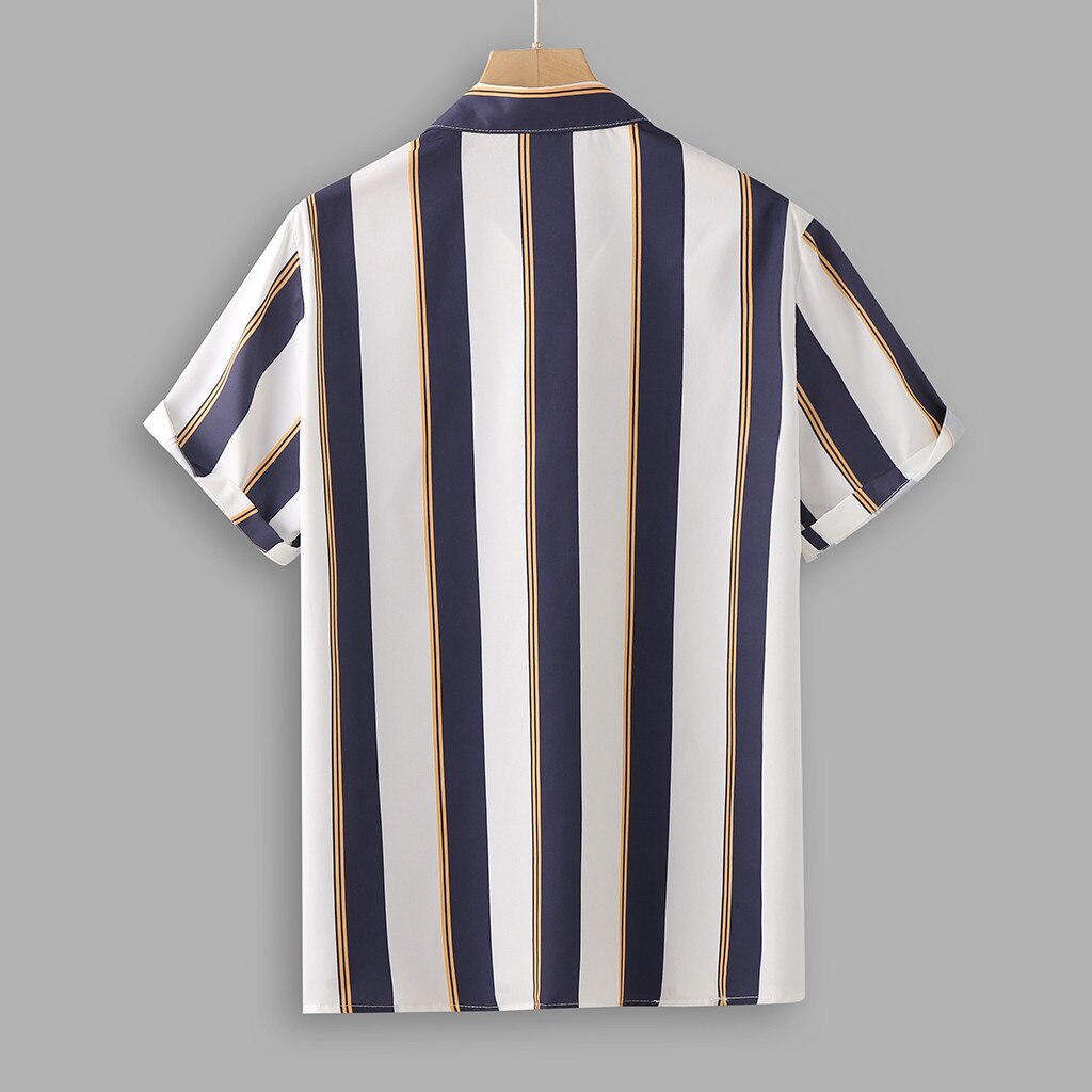 Mannen Shirt Zomer Top Casual Korte Mouw Gestreepte Print Knoppen Met Zakken Turn Down Kraag Losse Cool Strand Shirts camisas