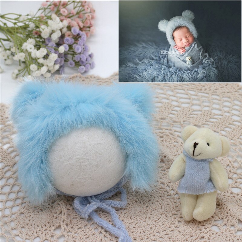 Baby Fotografie Requisiten Neugeborenen Fotografie Hut Bär Puppe Neugeborenen Hut Fotografie Zubehör (1pc Baby Hut und 1pc bär Puppe): light blue