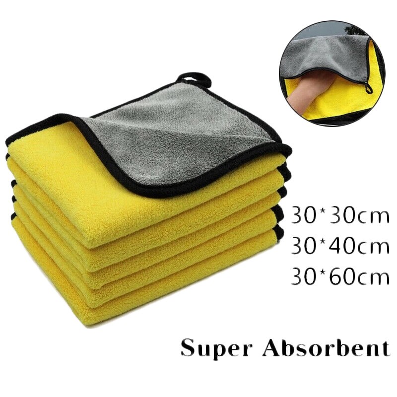 Toalla de limpieza de microfibra, paño de secado suave y grueso, toallas para lavar el cuerpo del coche, trapos limpios de doble capa, 30/40/60cm