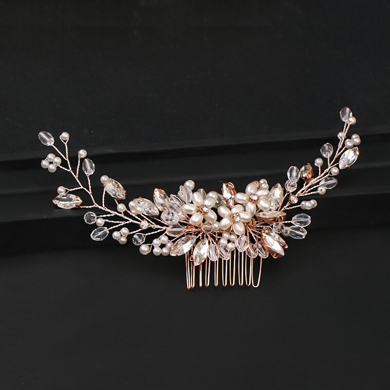 Vendita calda in oro Rosa di Cerimonia Nuziale Nuziale Dei Monili Dei Capelli Per Le Donne Del Partito Handmade Tiara Copricapo di Perle di Cristallo Dei Capelli Pettini Hairbands