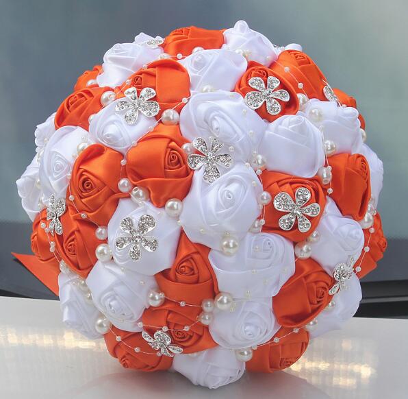 Janevini royal azul e branco cristal casamento bouquet diamante luxo frisado noiva flores fita de cetim rosa buquês de noiva 2020: Orange and White