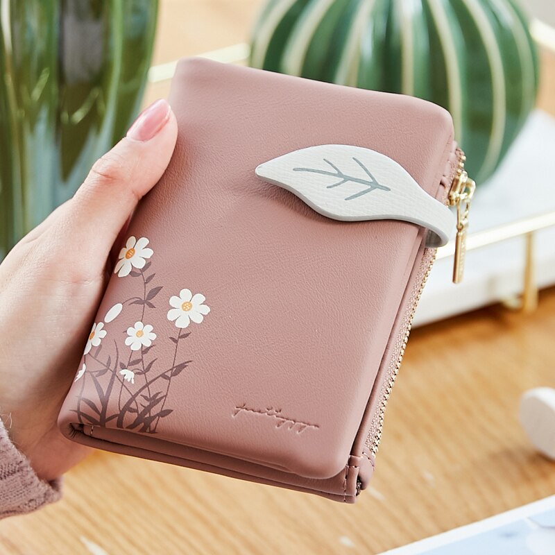 Women Wallet Leaf Pattern Hasp Ladies Purse soft pu Leather Small Short Wallets Female Zipper Coin Purse: Brown