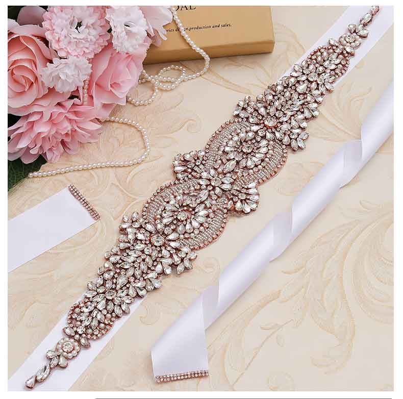 Ceinture pour robe de mariée en cristal Rose doré, accessoire de luxe fait à la main avec strass