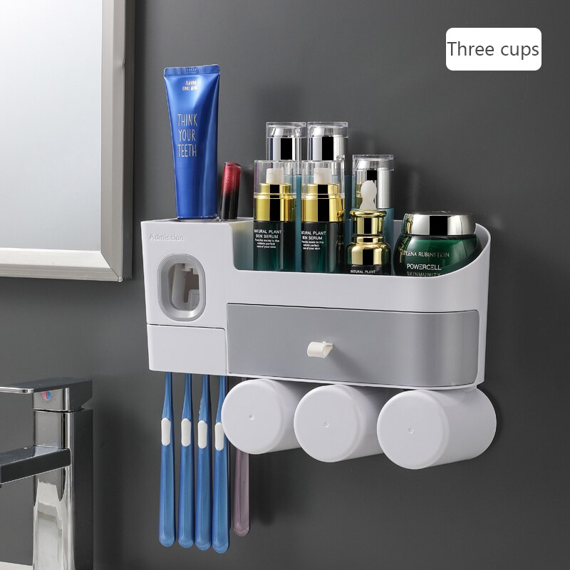 Magnetic Adsorption Inverted Toothbrush Holder Automatic Toothpaste Squeezer Dispenser Storage Rack Bathroom Accessorie Qdrr *33: Three cups