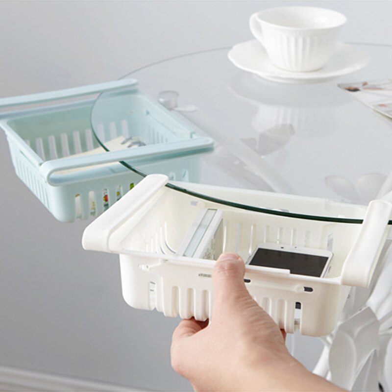 Køkkenorganiser justerbar køkken køleskab opbevaringsstativ køleskab fryser hyldeholder udtræksskuffe organiser pladsbesparende