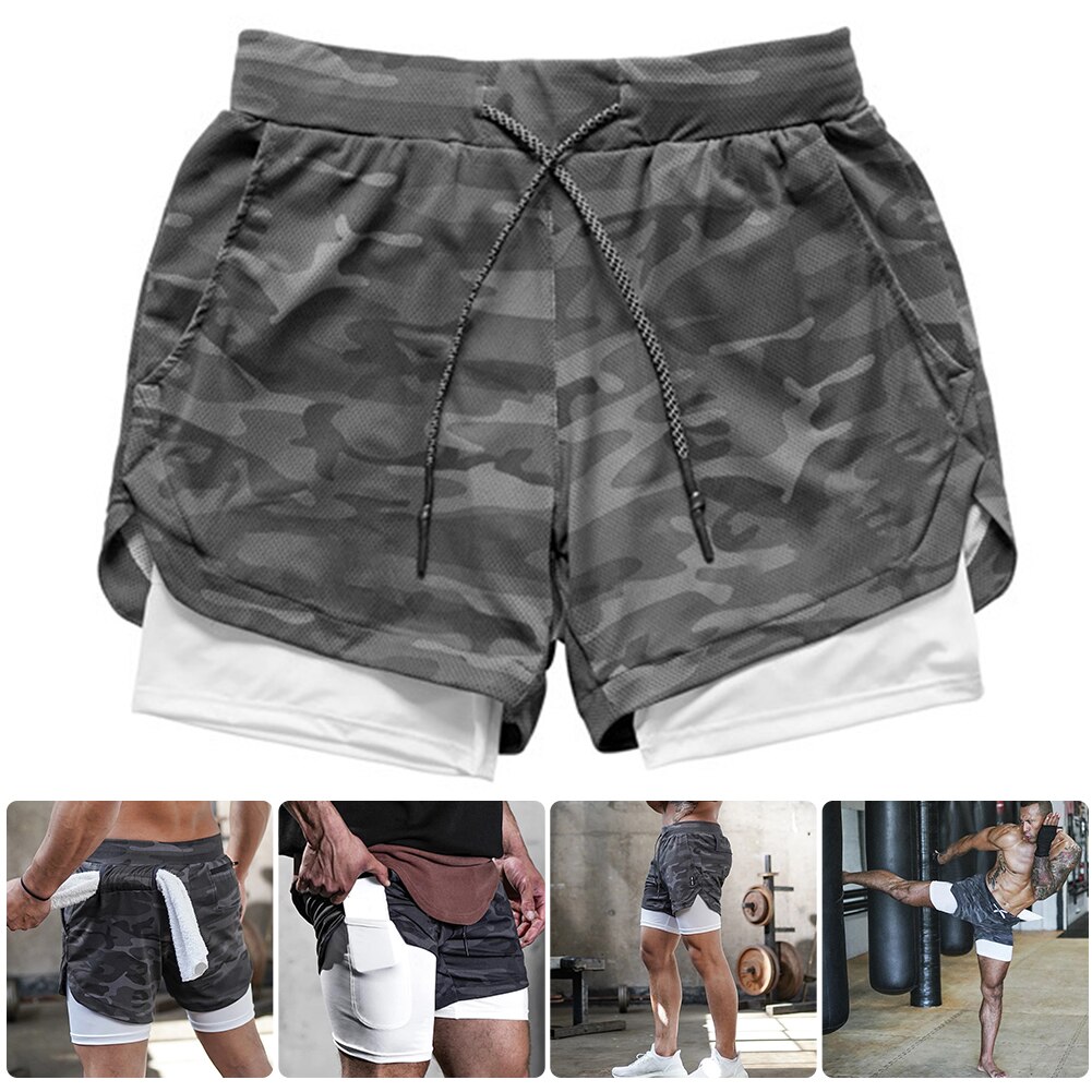 Camo Running Shorts Mannen 2 In 1 Dubbeldeks Quick Dry Gym Sport Shorts Fitness Jogging Workout Shorts mannen Sport Korte Broek