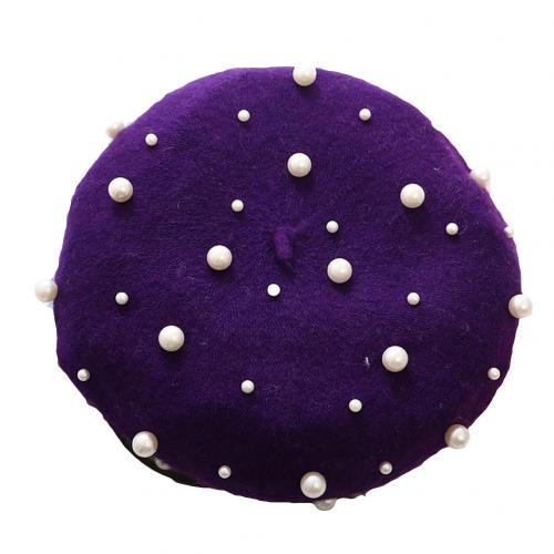 Béret en laine pour femme, couleur unie, automne-hiver, fausses perles, chaud, casquette de peintre, perles étoilées, rivets: Violet 