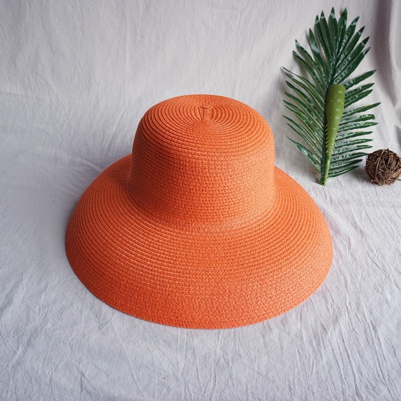 Sombrero parasol Vintage para señora, Color puro, estilo Hepburn, vacaciones 56-58CM, temperamento , de verano, sombrero de paja de: Orange