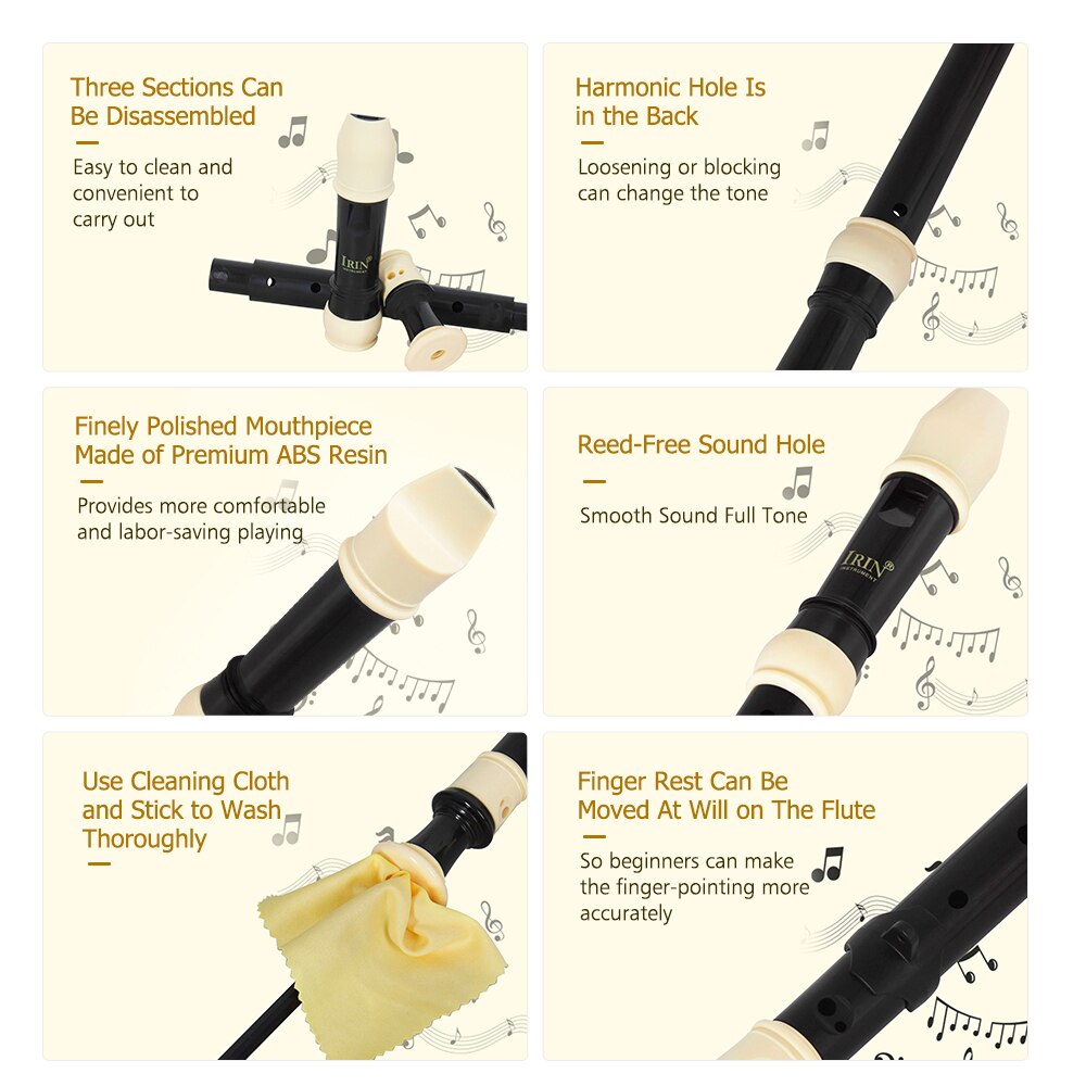 IRIN Clarinet ABS Descant Recorder 8 Hole Recorders Instrument with Finger Rest Carrying Bag Classroom Wind Musical Instruments