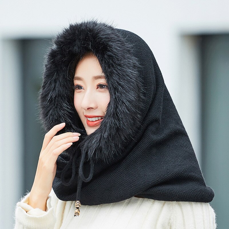 Adult Plus Velvet Hat Female Multi-Fuction Knitted Cashmere Hat Collar Set Winter Neck Warmer Hooded Earmuffs Warm Thickened: Black