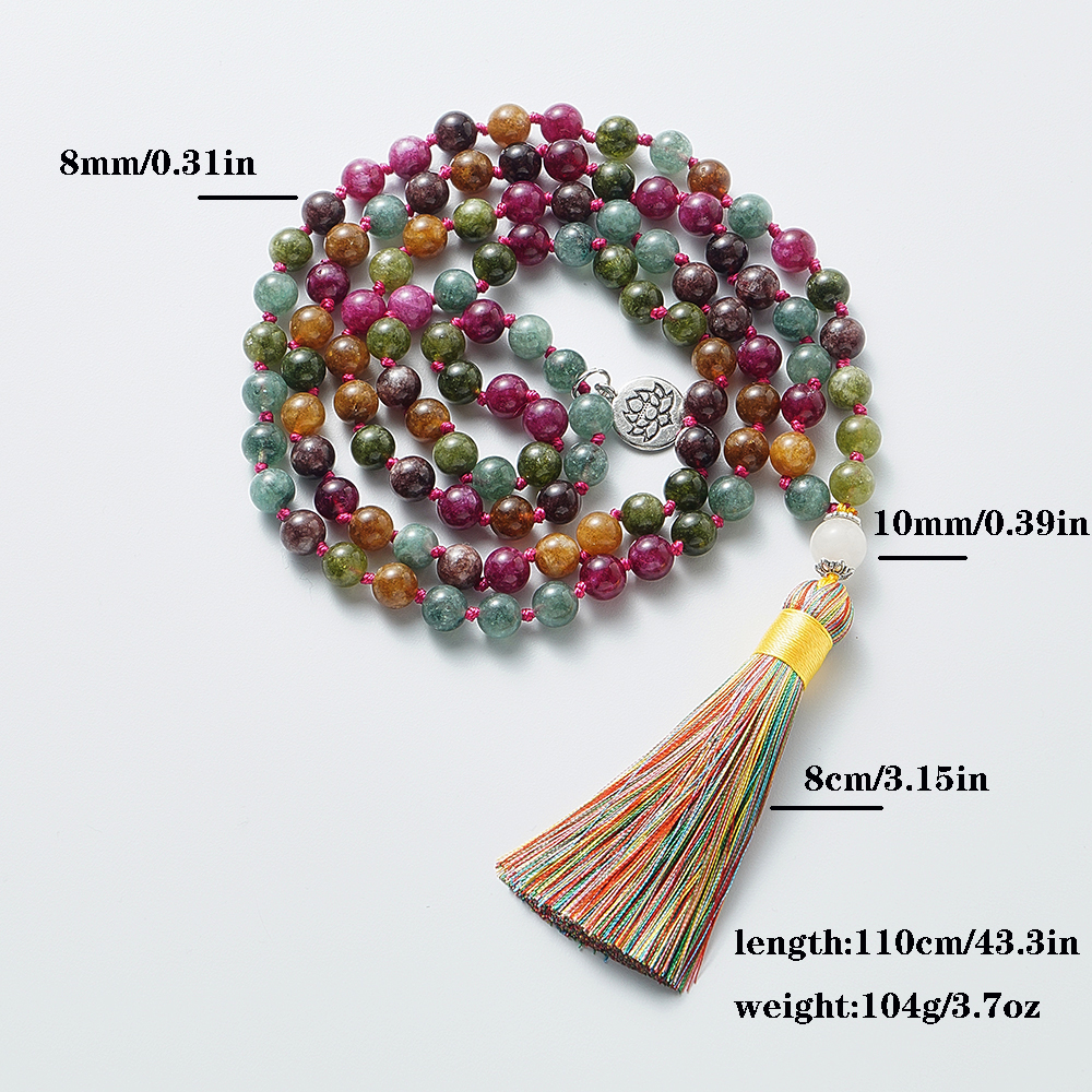 Collar de cuentas de turmalina coloridas para hombres y mujeres, 108 cuentas Mala, joyería de oración de meditación, Rosario japonés, 8 mm