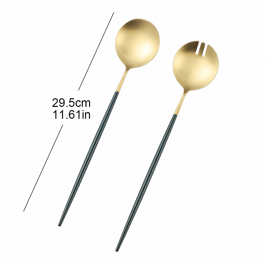 304 Stainless Steel Serving Spoon Set Kitchen Large Salad Spoon Fork Cutlery Set Dinning Server Steel Utensils Salad Scoop Fork: dark green gold