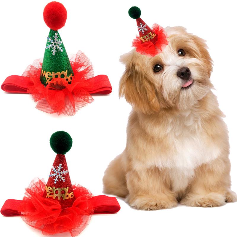 Pet Dogs Caps With Bowknot Cat Dog Christmas Costume Sequin Lace Headwear Cap Hat Christmas Party Pets Accessories