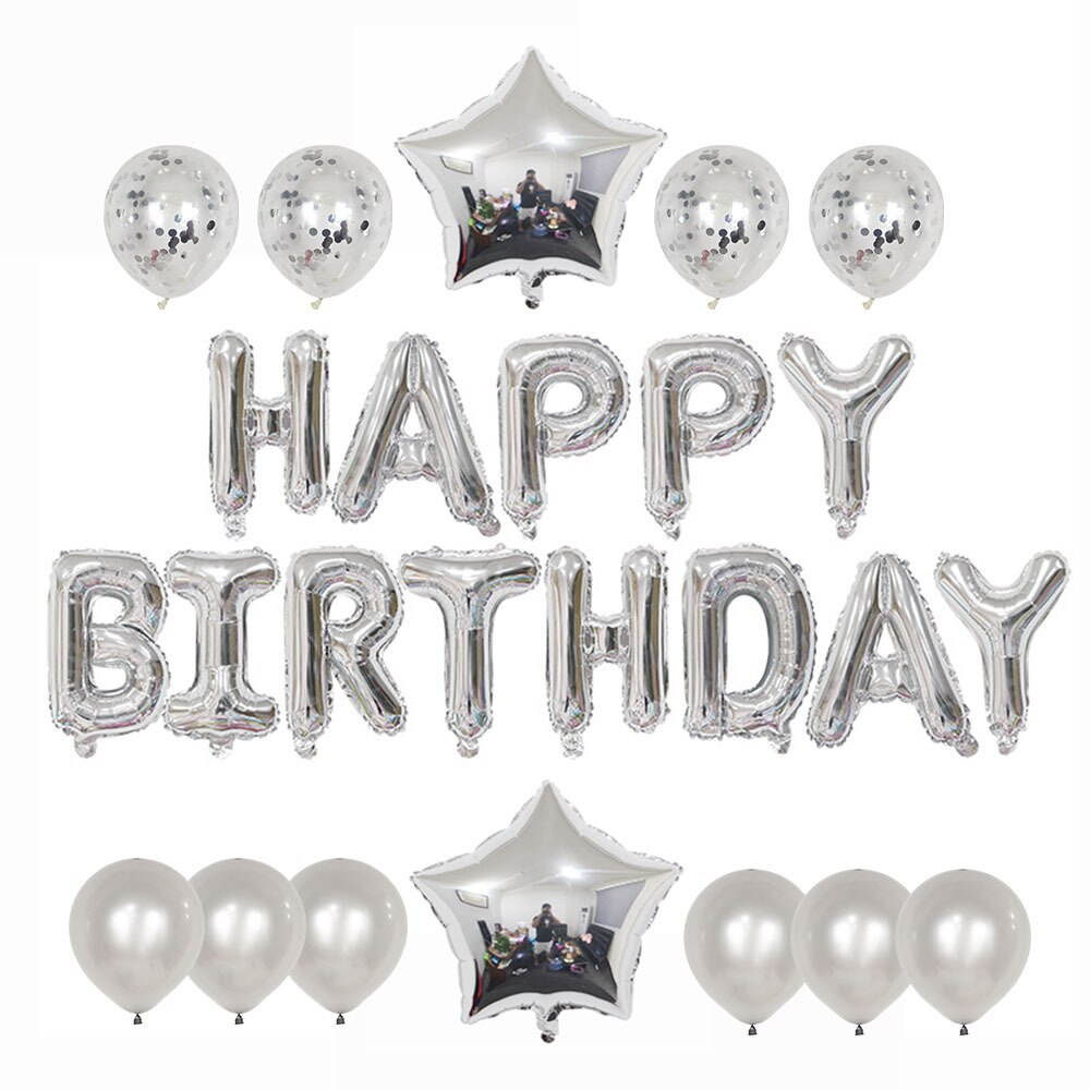 25 stk / sæt tillykke med fødselsdagen balloner dekorationer folie mylar brev banner latex konfetti kæmpe stjerne balloner til fødselsdagsfest: Sølv