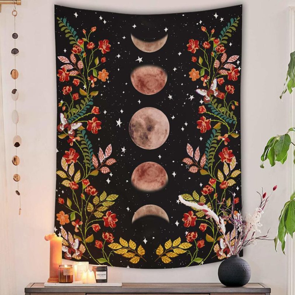 Tuin Maan Fase Tapijt Muur Opknoping Retro Zwarte Bloem Tapijt Home Decoratie Achtergrond Doek Slaapkamer Wandbekleding