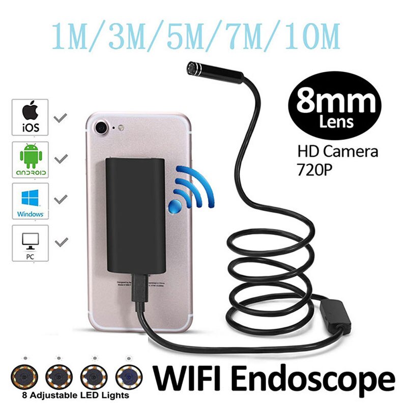 1m/3m/5m/7m/10m WIFI 8mm Endoskop Kamera Mini wasserdicht Weiche Kabel HD 720P Auflögesungen Einstellbar für Smartphone Universal-
