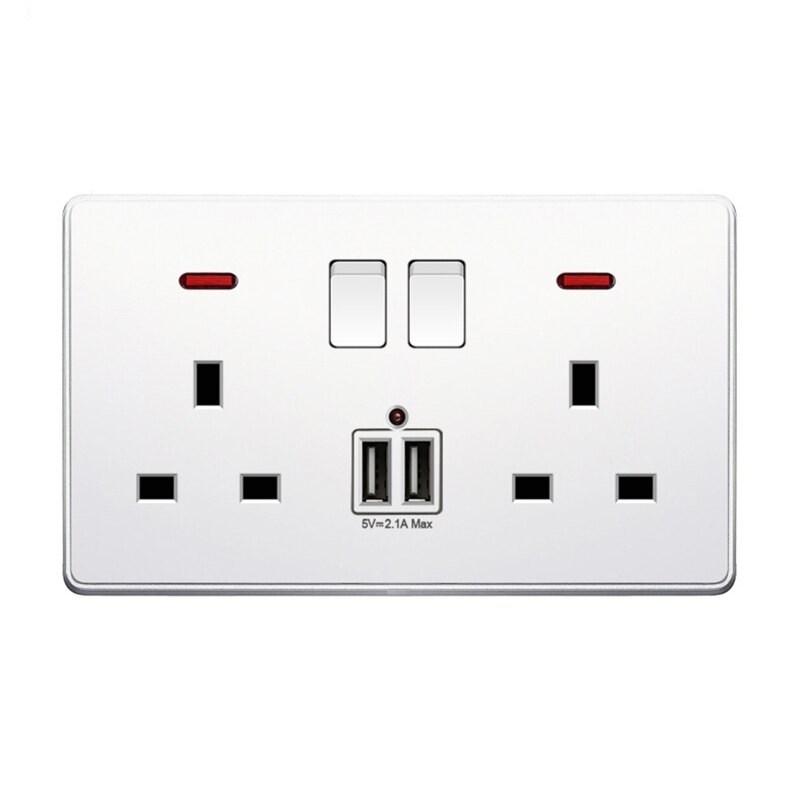 Wall Power Switch Socket Universal 2.1A Dual USB Charger Port LED Indicator UK: 11AG201085-W