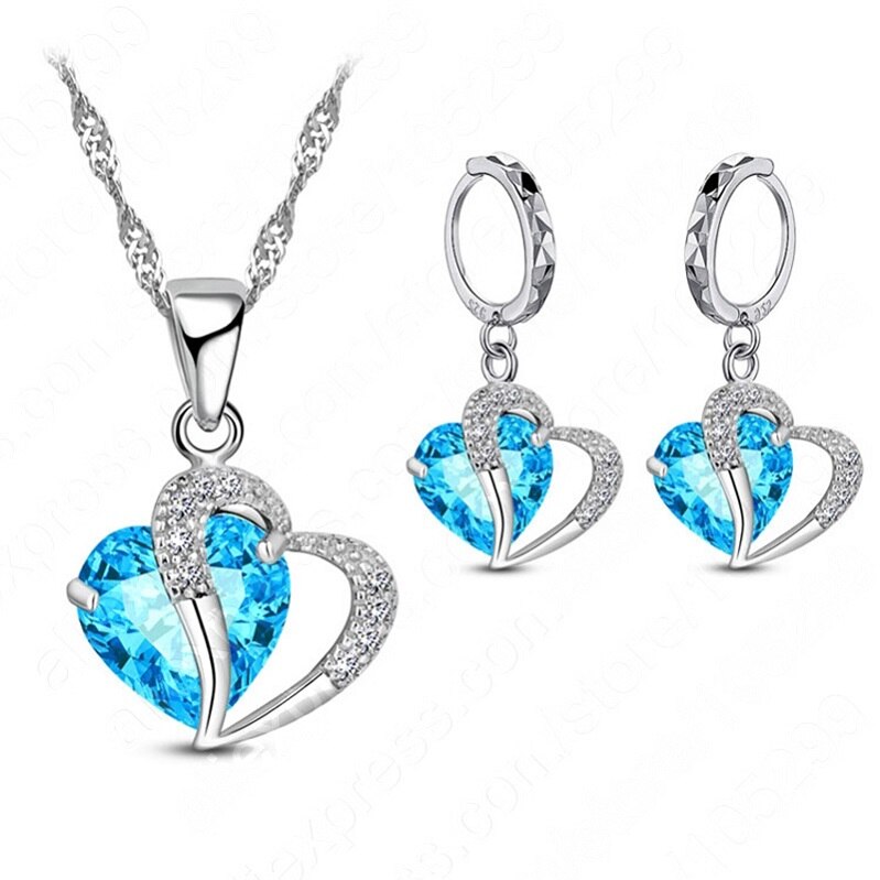 Luksus kvinder 925 sterling sølv cubic zircon halskæde vedhæng øreringe sæt brusk piercing smykker bryllup hjerte: Lyseblå