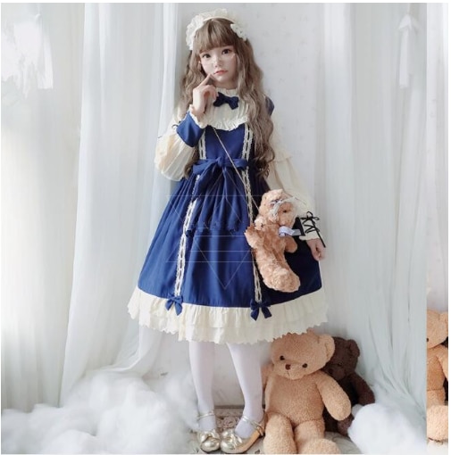 Vintage Palace robe victorienne bleu doux Kawaii Lolita robe à manches longues nœud papillon princesse gothique Lolita Op Loli Cos bandeau