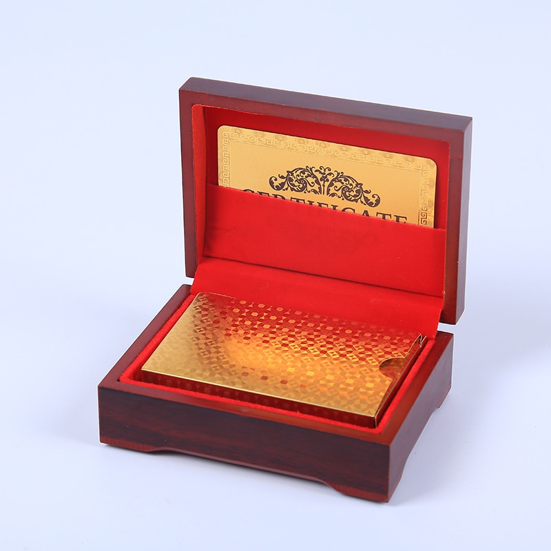 24K Gold Foil Plated Table Game Grid Pattern Playing Cards With Nice Wood Box