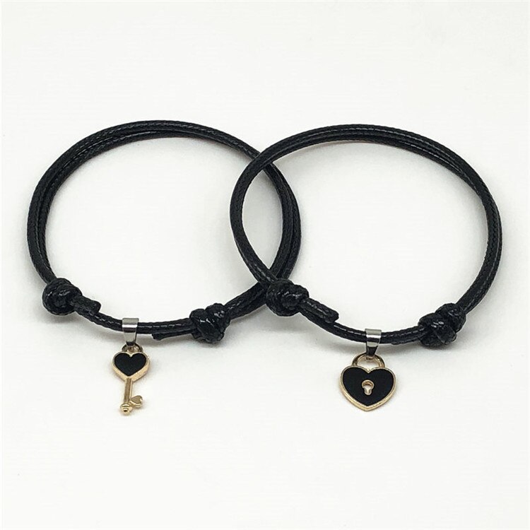 Paar Lichtmetalen Key Heart Lock Charm Armband Voor Vrouwen Handgemaakte Sieraden Touw Liefhebbers Viintage Sieraden: black