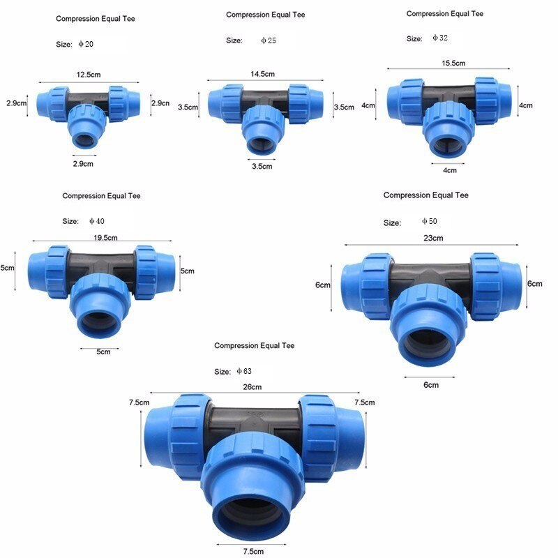 1pc HDPE Compression Equal Tee Plastic Irrigation Water Supply PP Fitting Top Supplier PN16 Fluid Quick Pipe