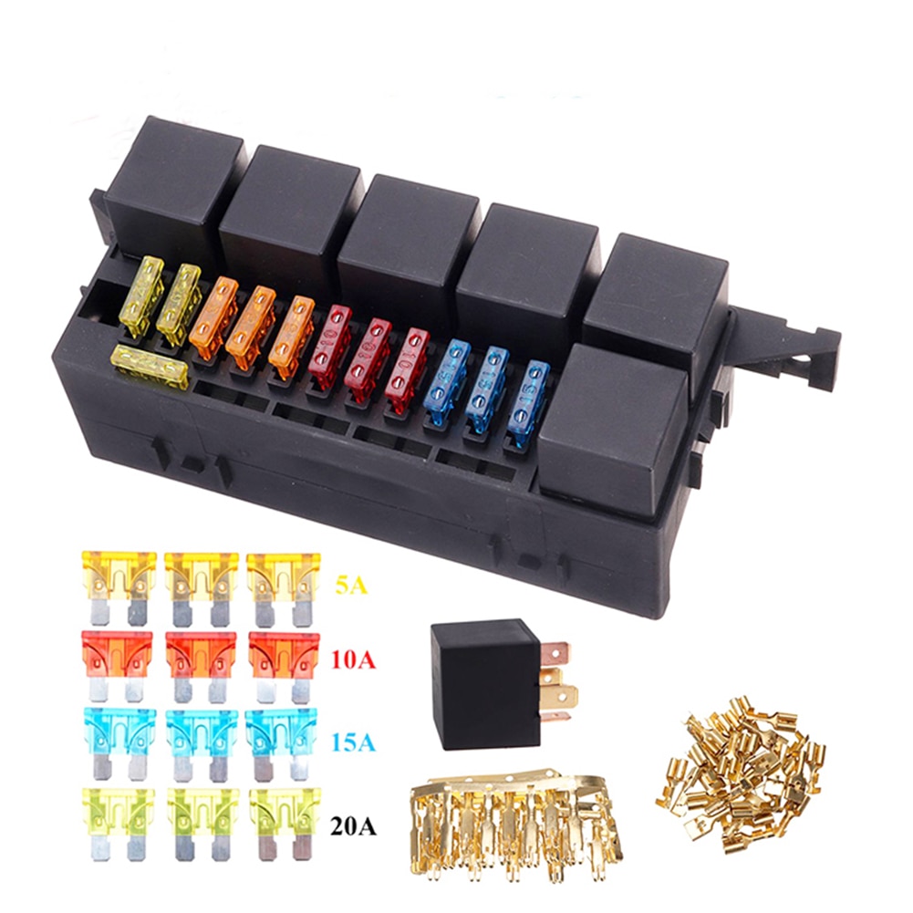 Porte-fusible 12V 40a, couvercle en plastique à 11 voies, porte-boîte à fusibles pour voiture, camion marin, remorque, bateau avec bornes à pelle, 6 pièces, 4 broches
