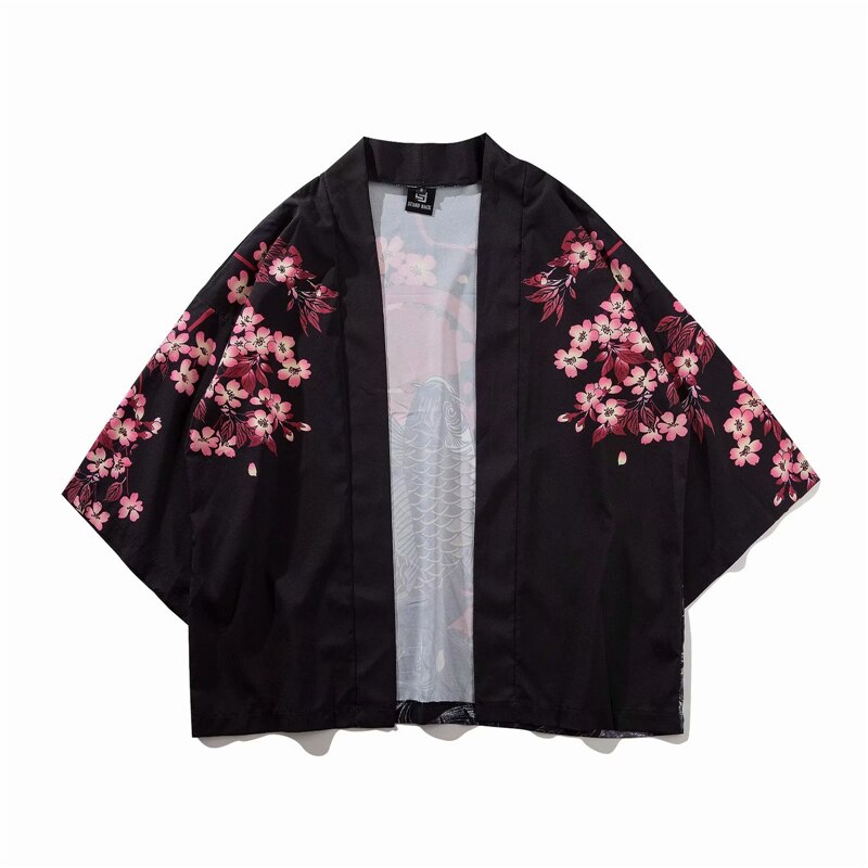 Japanse Kimono Shirts Koi Vis Gedrukt Harajuku Hip Hop Mannen Japan Stijl Streetwear Shirts Zomer Dunne Kleding Losse Kimono: black / M