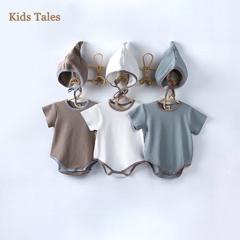 PQ227 Newborn Cotton Boy Rompers Baby Boys One Piece With hood Baby Boy Girl Short Sleeve Solid Jumpsuits Infant Toddler Outfit