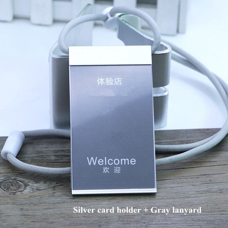 Funda de aluminio para tarjeta de identificación y nombre de empleado, insignia de identificación con cordón para collar, suministros de oficina y escuela, certificado de trabajo de Metal: Silver Gray