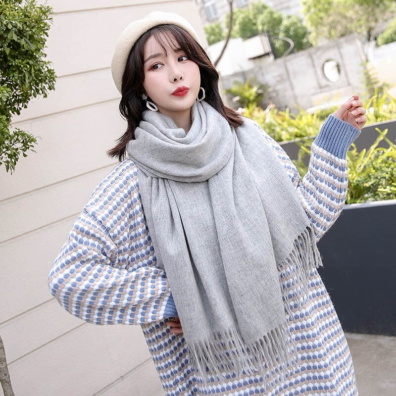 Winter Scarf Women Wool Blending Solid Shawls and Wraps for Ladies Warm Muffler Echarpe Vintage Red Wool Scarves Foulard: Color 5