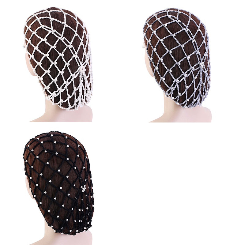 Rayon Hair Net Beaded Pearl Crochet For Women Solid Color Elastic Snood Casual Ladies Hair Accessories